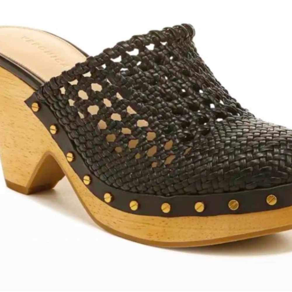 Veronica Beard Black and Gold Woven Leather Mules